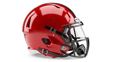 Fototapeta premium Side profile of a glossy red American football helmet with a black facemask and clear visor isolated on a plain white background