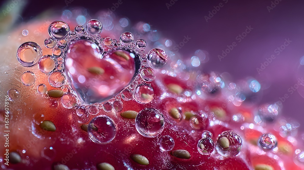 Poster a close-up view of a strawberry, showcasing a heart-shaped reflection within the intricate network o