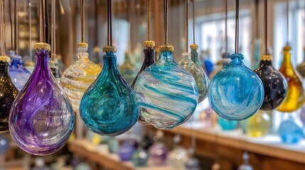 Colorful glass ornaments hang in a shop window, showcasing intricate swirling patterns and vibrant hues.