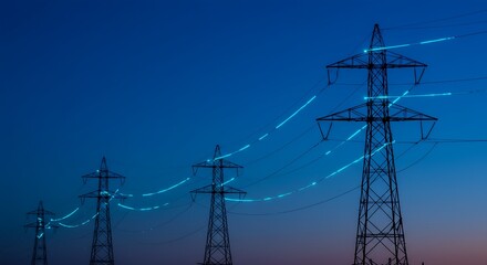 Electricity pylons stretching into the distance at dusk with blue light trails