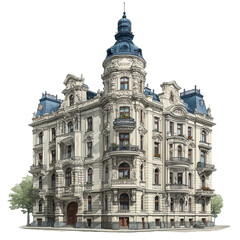 Obraz premium Illustration of a tall ornate building with a blue tower and balconies isolated on transparent background