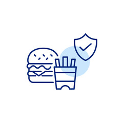 Cheeseburger, fries, shield and checkmark. Food safety, approved restaurant and delivery service. Pixel perfect, editable stroke vector icon