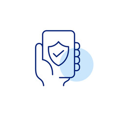 Secure online activity, verified user access, trusted remote work, protected browsing, approved device usage. Shield, checkmark and phone. Pixel perfect, editable stroke vector icon