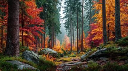 Fototapeta premium Autumn forest exploration enchanted woods photo capture vibrant colors ground level nature's beauty