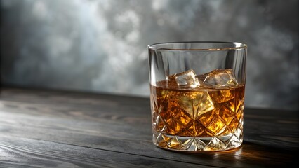 Crystal Glass of Whiskey with Ice on Wooden Table