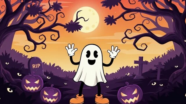 Happy Halloween! Friendly Ghost in Spooky Cartoon Graveyard