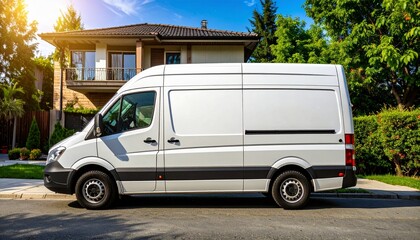 White delivery van parked on residential street by modern house. Commercial transport vehicle for logistics, moving, and services.