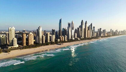 Obraz premium Aerial panoramic view of a modern coastal city skyline with towering skyscrapers, a pristine sandy beach, and turquoise ocean waves.