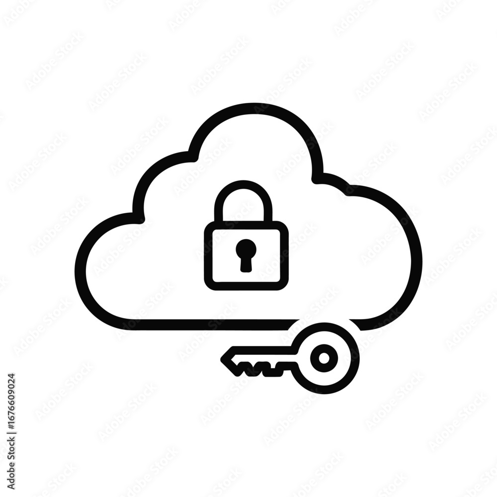 Poster cloud security: an emblematic vector illustration showcasing a digital cloud interwoven with a padlo