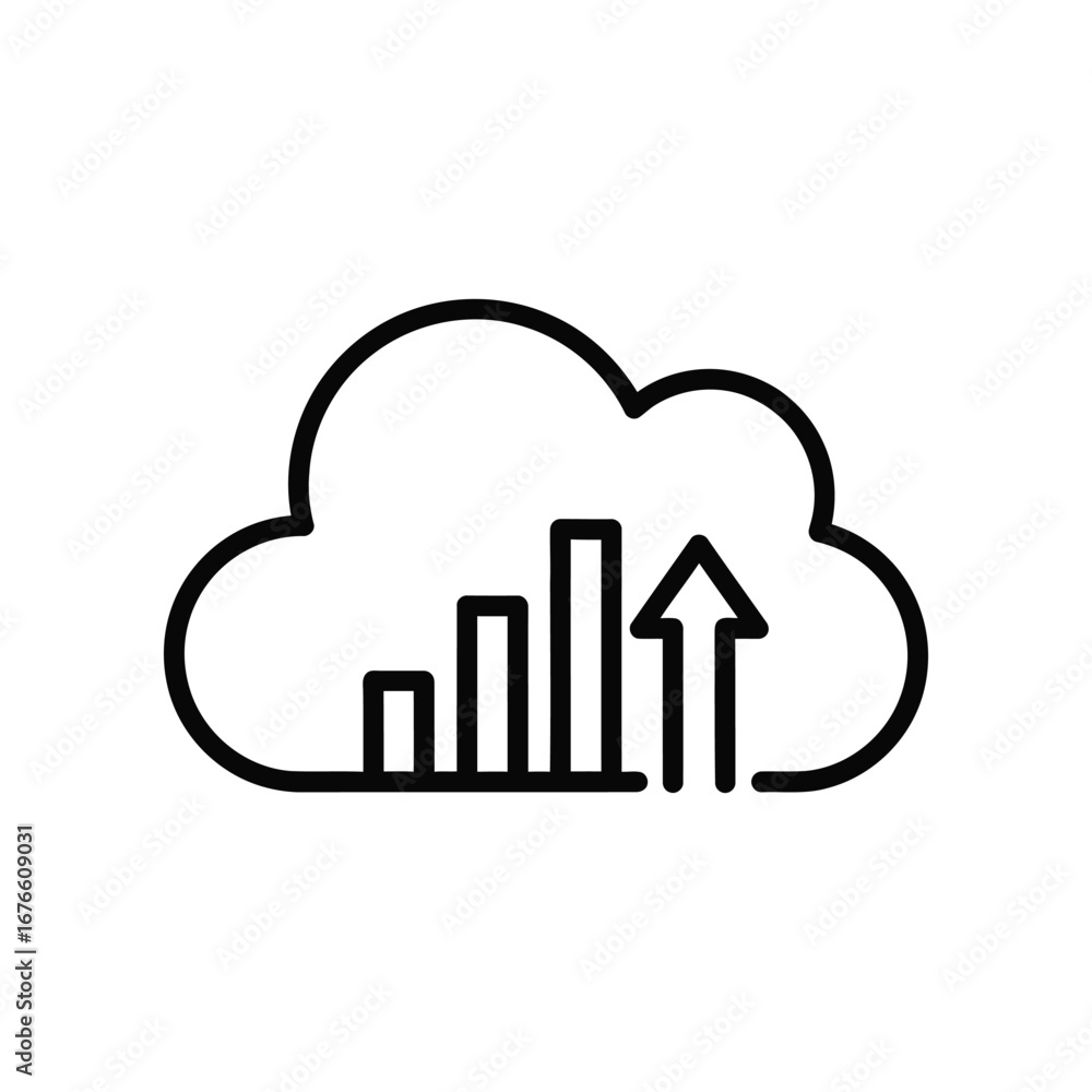 Poster cloud data icon: a concise icon illustrating the essence of cloud data storage and upward data trend