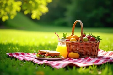 A checkered blanket spread on a sun-dappled grassy field, laden with a wicker basket overflowing with summer fruits, sandwiches, and lemonade Perfect for a relaxing outdoor meal , peaceful, blanket