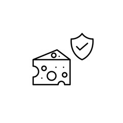 Cheese wedge, shield and checkmark. Verified product safety, certified contents, trusted packaging, approved ingredients. Pixel perfect, editable stroke vector icon