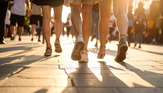 People walking on a busy city street during golden hour, showing legs and feet in motion with warm sunlight and long shadows.