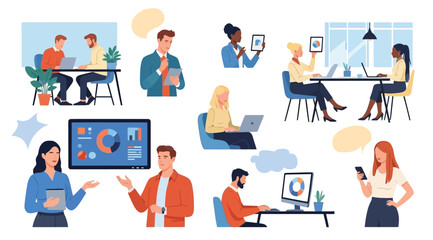 People using gadgets set. Business men, women work online, surfing internet with desktop computer, laptop, mobile phone, tablet PC. Flat graphic vector illustrations isolated on white background