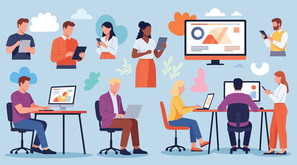 People using gadgets set. Business men, women work online, surfing internet with desktop computer, laptop, mobile phone, tablet PC. Flat graphic vector illustrations isolated on white background