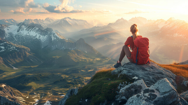 Traveler Resting on Mountain Peak with Panoramic View
Hiker Sitting on Rock Overlooking Scenic Landscape