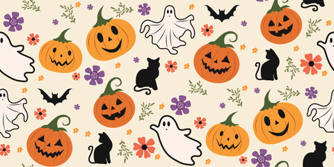 Fototapeta premium Vintage Retro Halloween Seamless Pattern with Pumpkin, Ghost, Black Cat and Bat for Autumn Digital Paper and Fabric Design