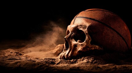 A still life presentation of a human skull, topped with a basketball, resting amidst a bed of brown sand, evoking a sense of history and loss.