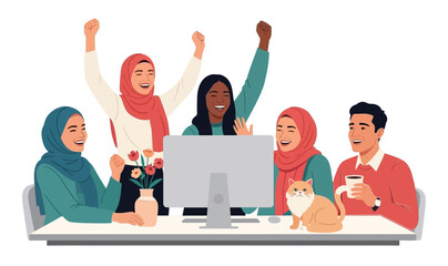 Happy business team, colleagues rejoicing success, achievement, victory, progress at work together. Good successful teamwork concept. Flat graphic vector illustration isolated on white background