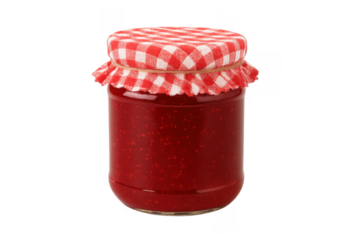 Glass jar filled with raspberry jam with transparent background