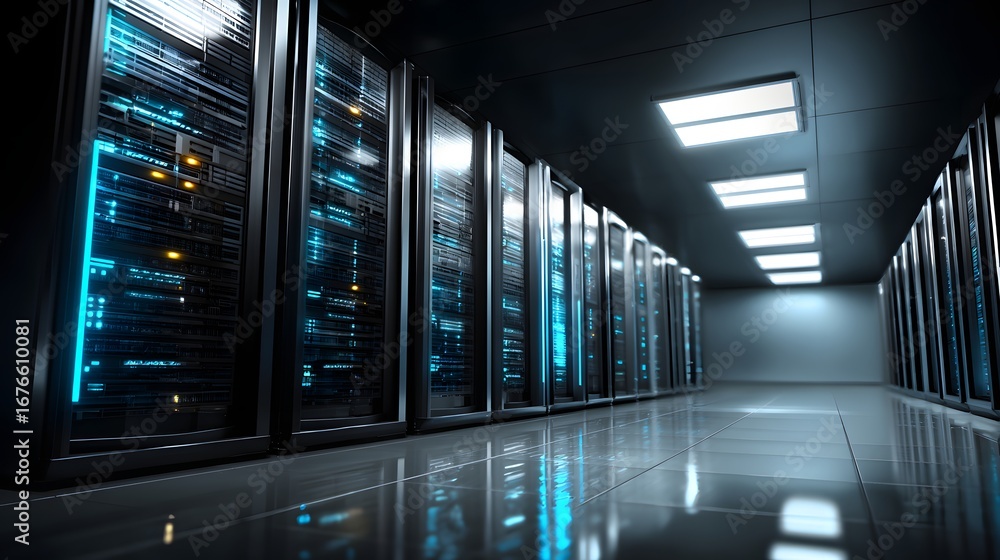 Poster a wide corridor within a modern data center, showcasing numerous server racks with illuminated compo