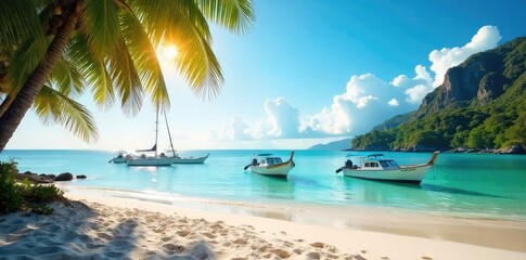 Naklejka premium Tranquil scene of a sandy beach with docked boats gently swaying in calm waters Perfect for travel, vacation, or nautical-themed projects Sun-drenched serenity at its finest , nautical, sky