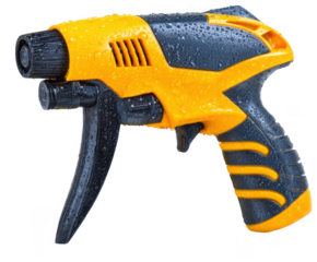 Yellow and black water spray gun with water droplets isolated on transparent background