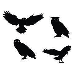 Owl Silhouette Quartet – Perched & Flying Poses in Minimalist Vector Style