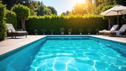 Inviting blue swimming pool shimmering under the summer sun, with pristine water and surrounding lush greenery Perfect for relaxation and summer fun , refreshing, green