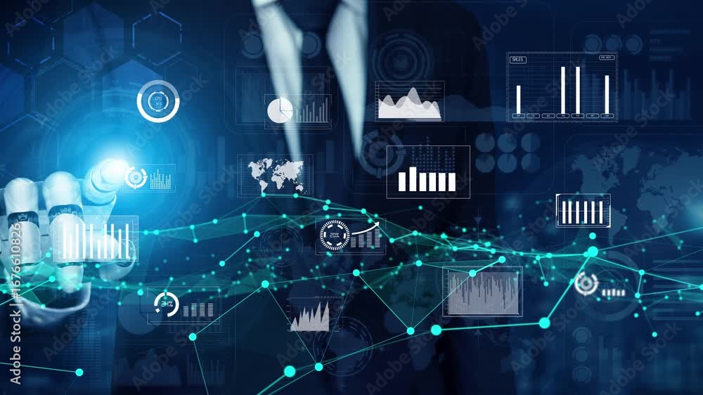Poster a businessman interacts with digital technology, showcasing various graphs and charts, symbolizing t