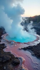 Ethereal mineral steam rising from geothermal vents, creating a mystical, otherworldly atmosphere Perfect for spa, wellness, and nature-related projects , grey, jets