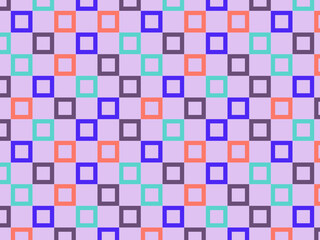 Colorful square pattern in pastel pink, blue, orange, and teal on a light purple background