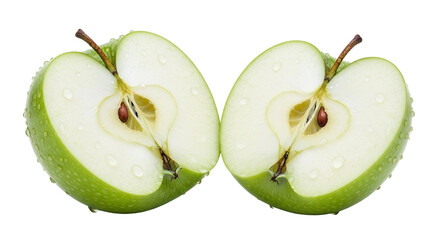 Fresh Green Apple Halves with Water Drops on Black Background