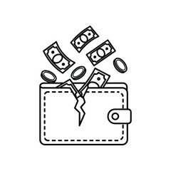Empty Wallet: Conceptual artwork illustrates a damaged wallet with money and coins spilling out, symbolizing financial hardship and economic loss.