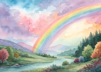 Obraz premium A Vibrant Watercolor Landscape with a Majestic Rainbow Arching Across the Sky