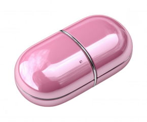 Shiny pink capsule with silver trim isolated on transparent background