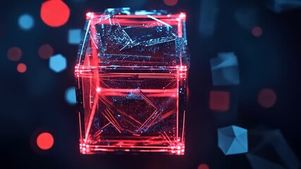 Glowing, crystalline cube in vibrant red and blue light - Powered by Adobe
