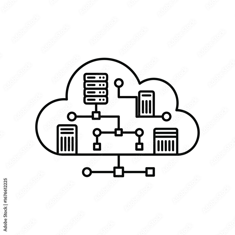 Poster cloud network icon: clean vector illustration representing the digital cloud network architecture wi