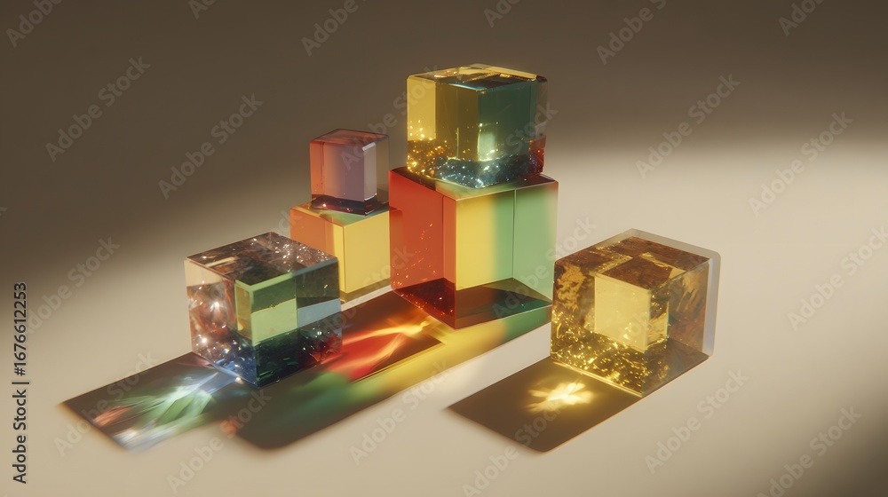 Poster multicolored translucent cubes arranged in a staggered, ascending stack create an intriguing visual 