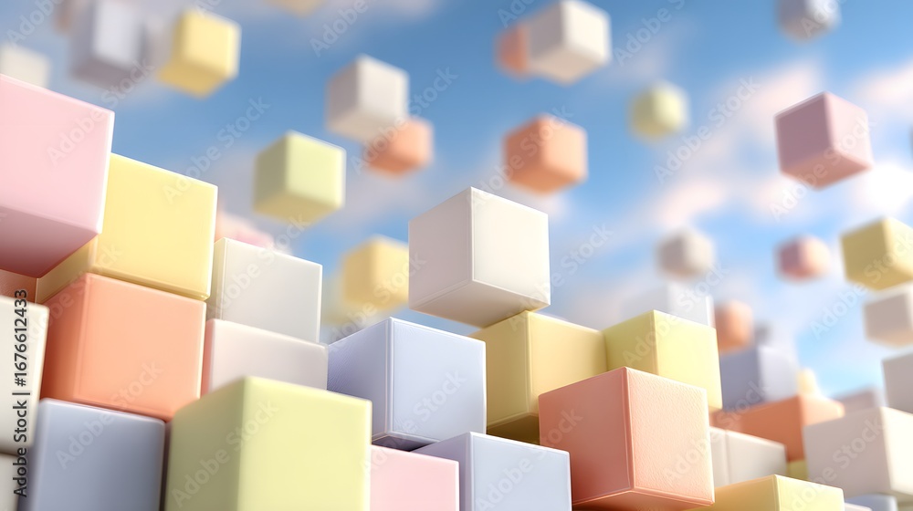 Poster a multitude of pastel-colored cubes floats in the sky, creating a dynamic and colorful abstract comp