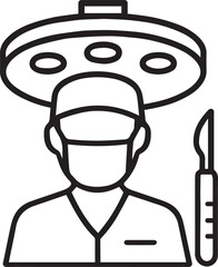 Surgeon with scalpel inside operation room lamp line vector icon on white background 