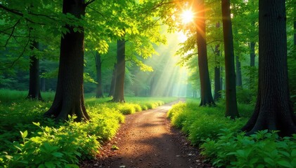 Obraz premium Sun-dappled forest path winds through lush green foliage, sunlight filtering through leaves Perfect for summer, nature, and travel themes , trees, forest floor