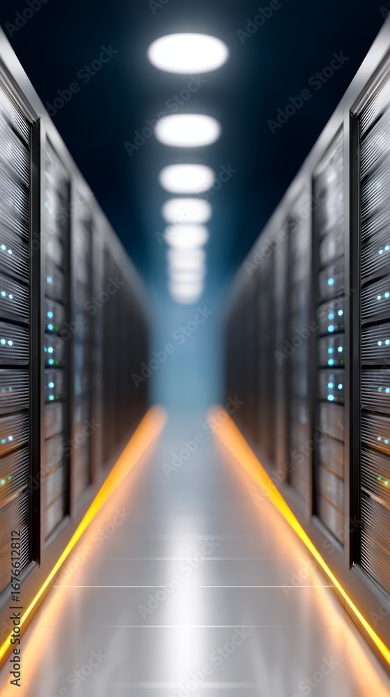 Poster exploring the digital corridor, a journey through the server room's extensive network infrastructure