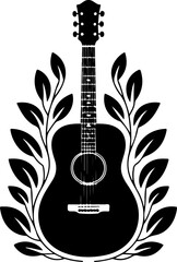 Acoustic Guitar with Decorative Leafy Vines Silhouette" Vector