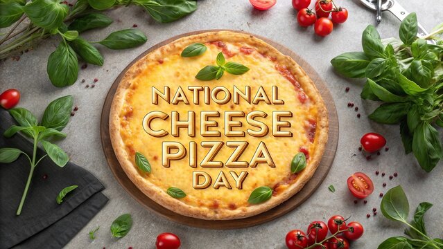 National Cheese Pizza Day, Top view of artistic whole cheese pizza with golden crust and toppings.