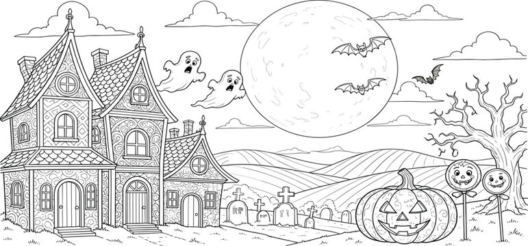 Coloring book page of halloween night zentangle for adult and children.