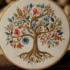 Hand-Embroidered Floral Tree in Hoop