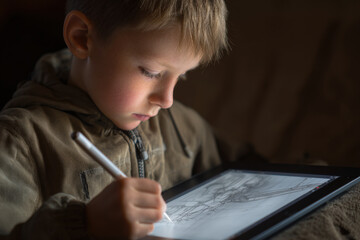 focused teenager is creating captivating concept art for video games on tablet deeply immersed in process