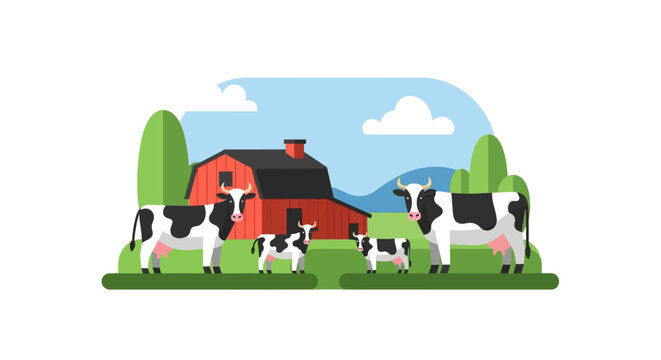 Cartoon cows with black and white spots graze near a red barn