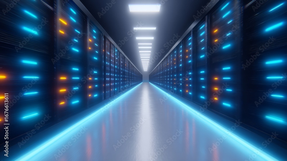 Poster exploring the digital corridor, a journey through server infrastructure and network connectivity.